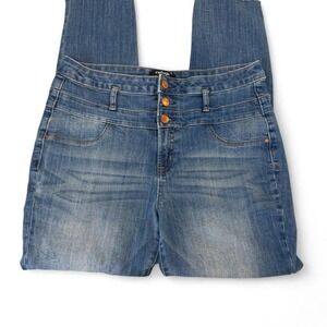 Refuge High Waisted Skinny Jeans Medium Wash Raw Hem Triple Button Size 10